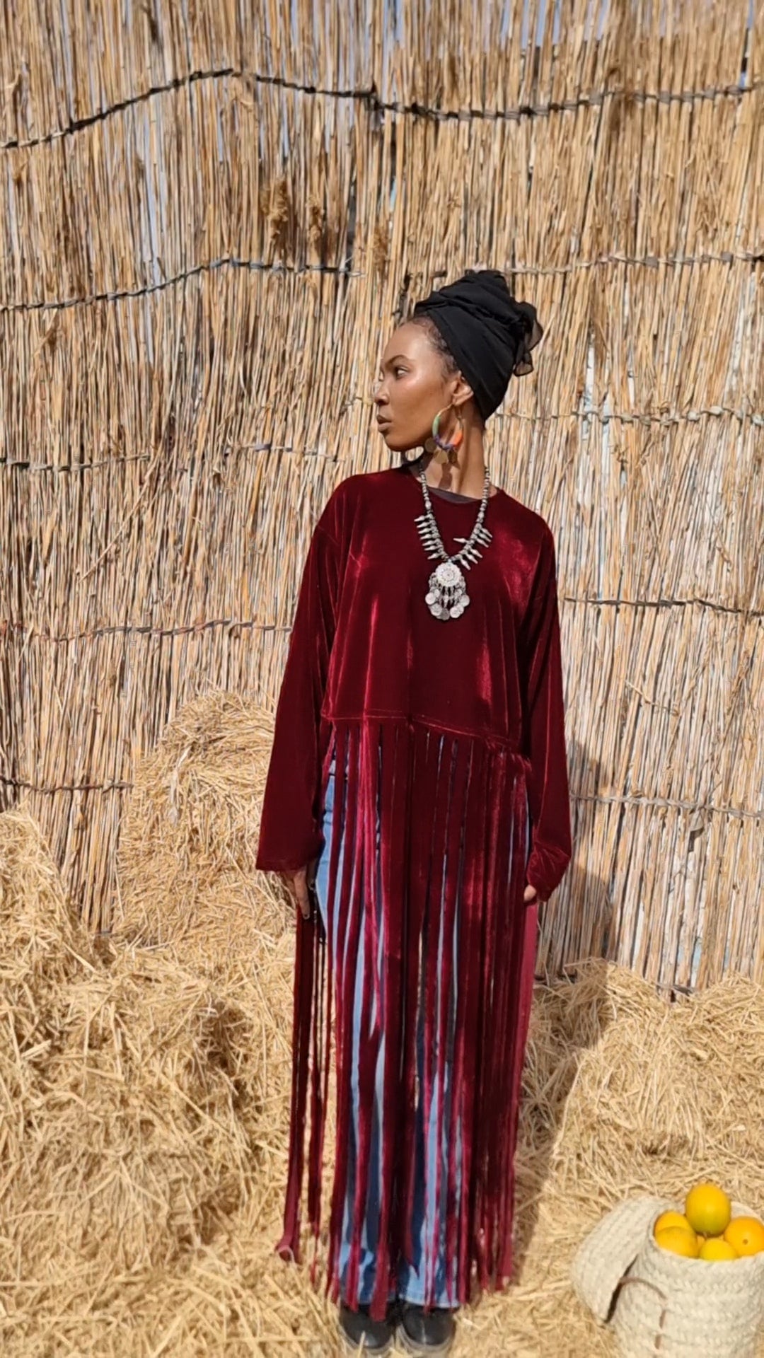 Boho fringes blouse in burgundy