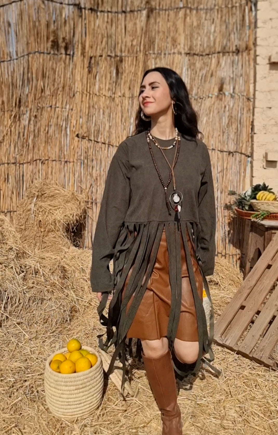 Boho fringes blouse in olive