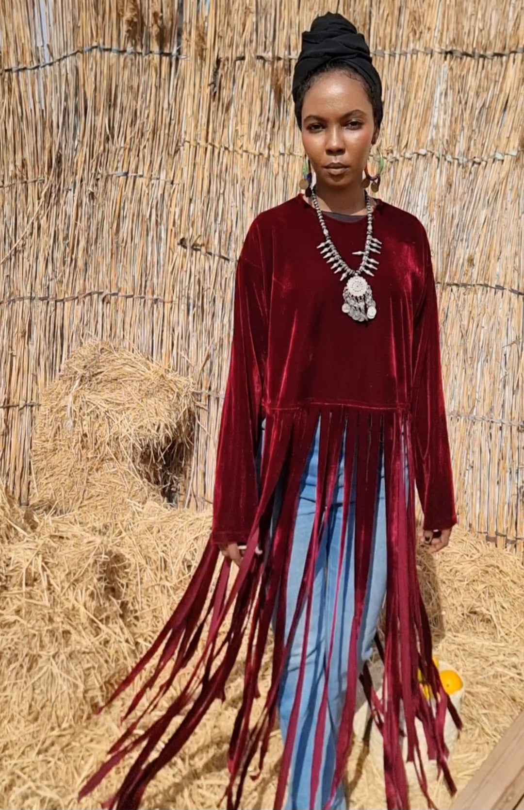 Boho fringes blouse in burgundy