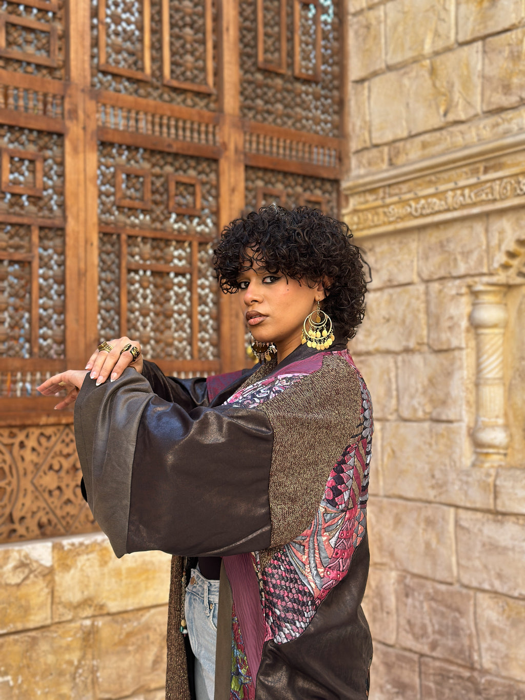 Patched shawl kaftan