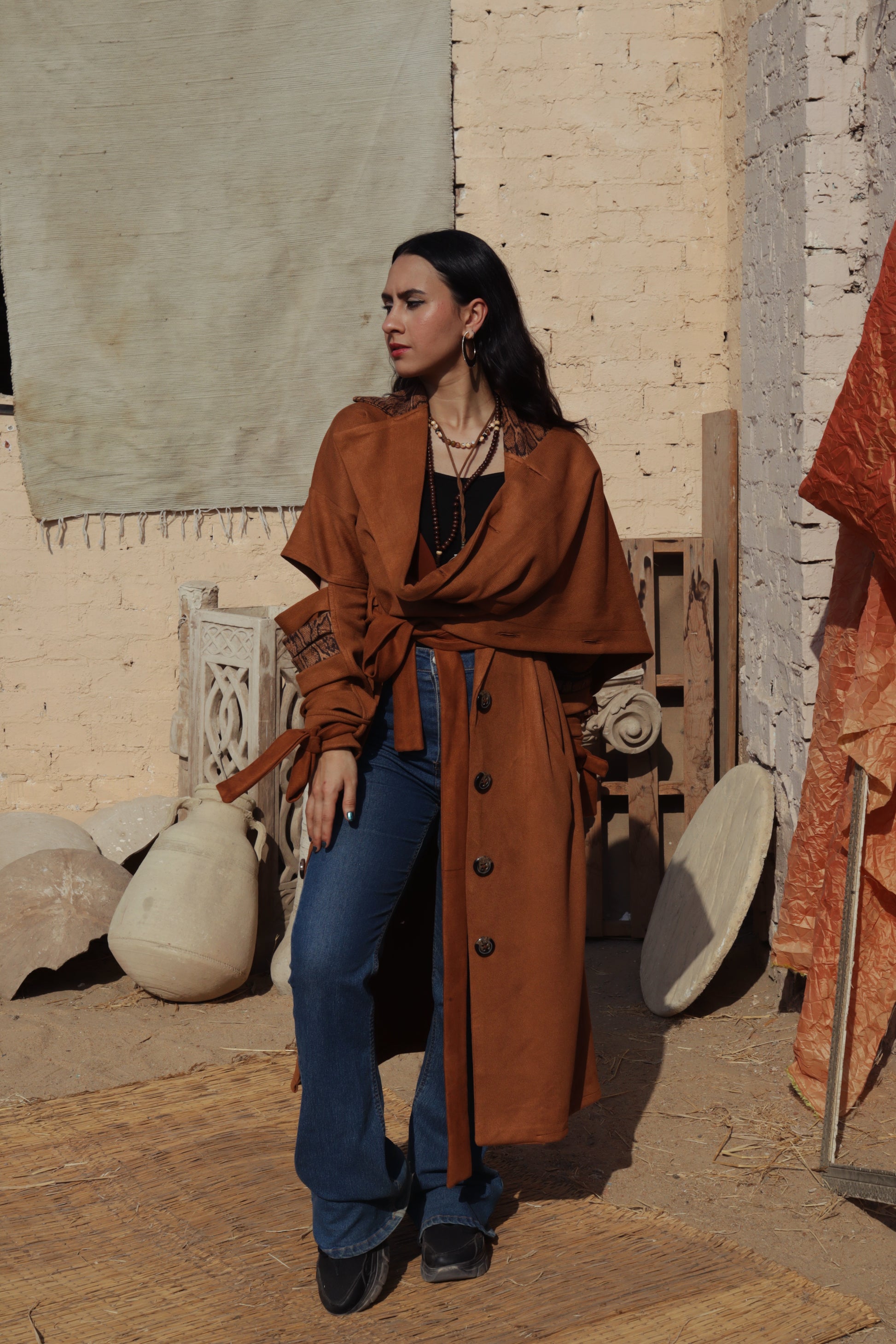Esmeralda coat in camel x tiger