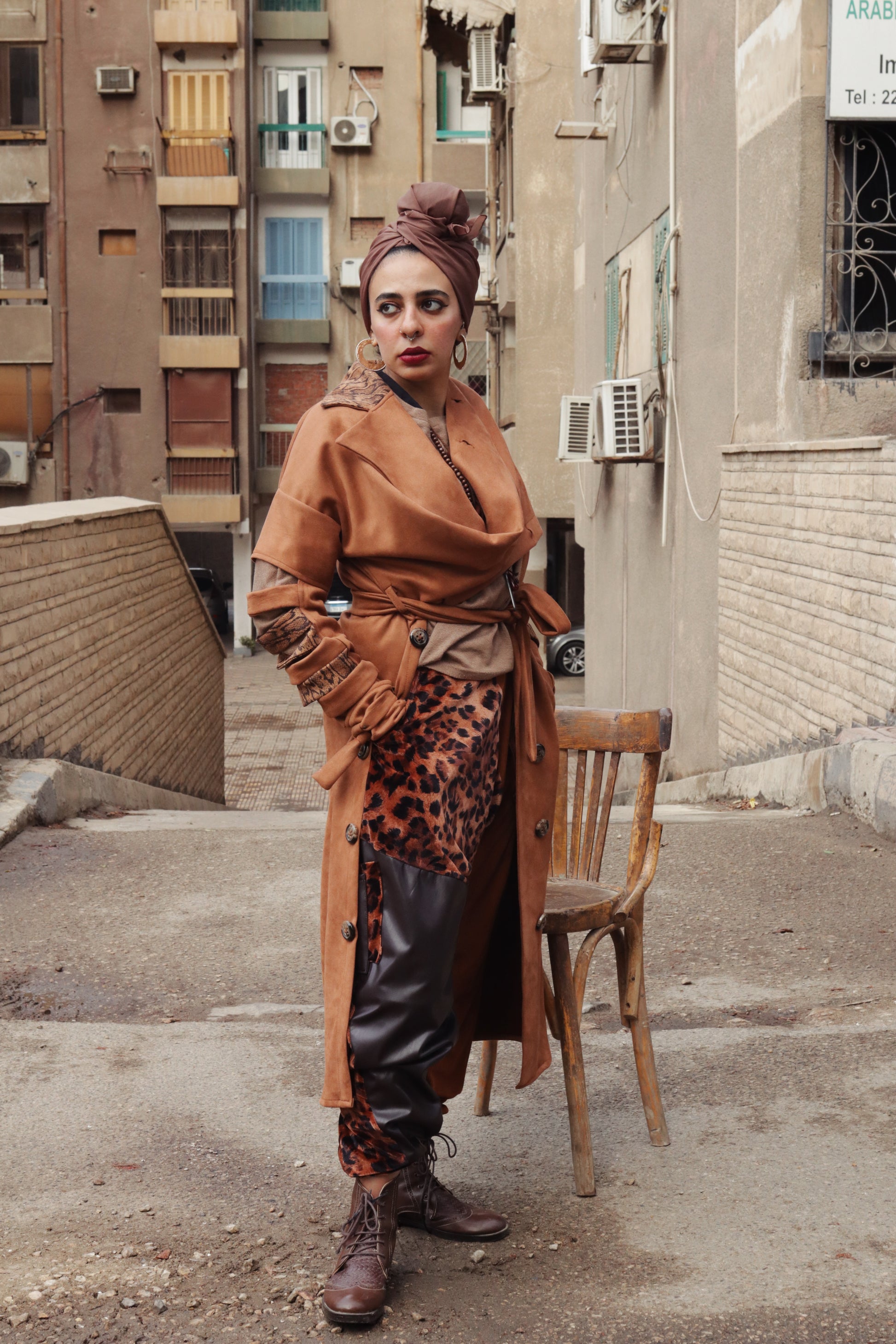 Esmeralda coat in camel x tiger