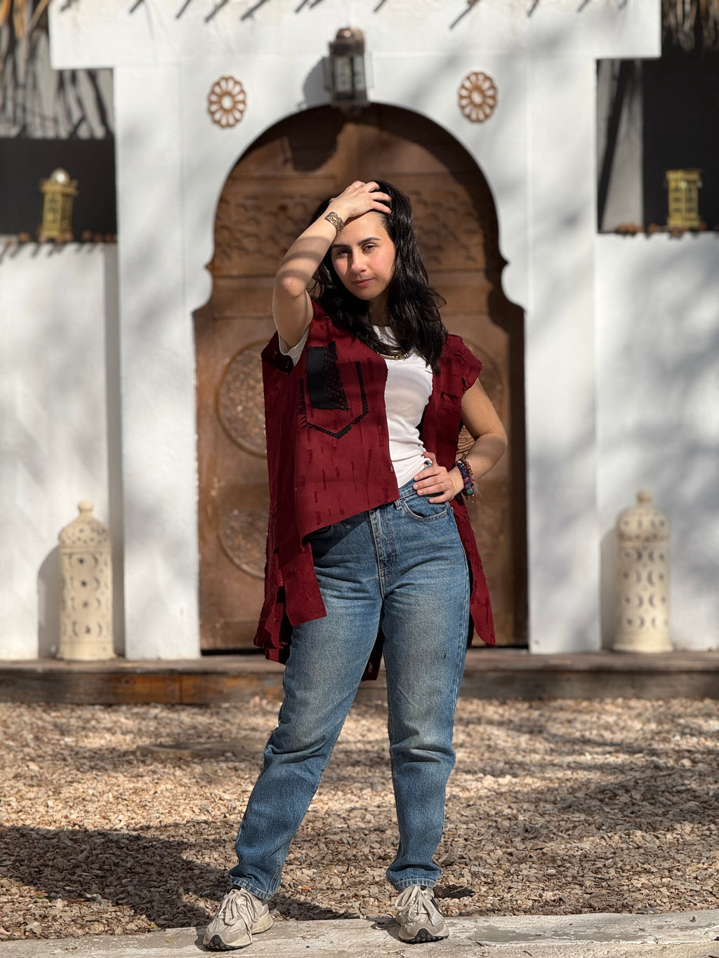 Hippie patch vest in burgundy