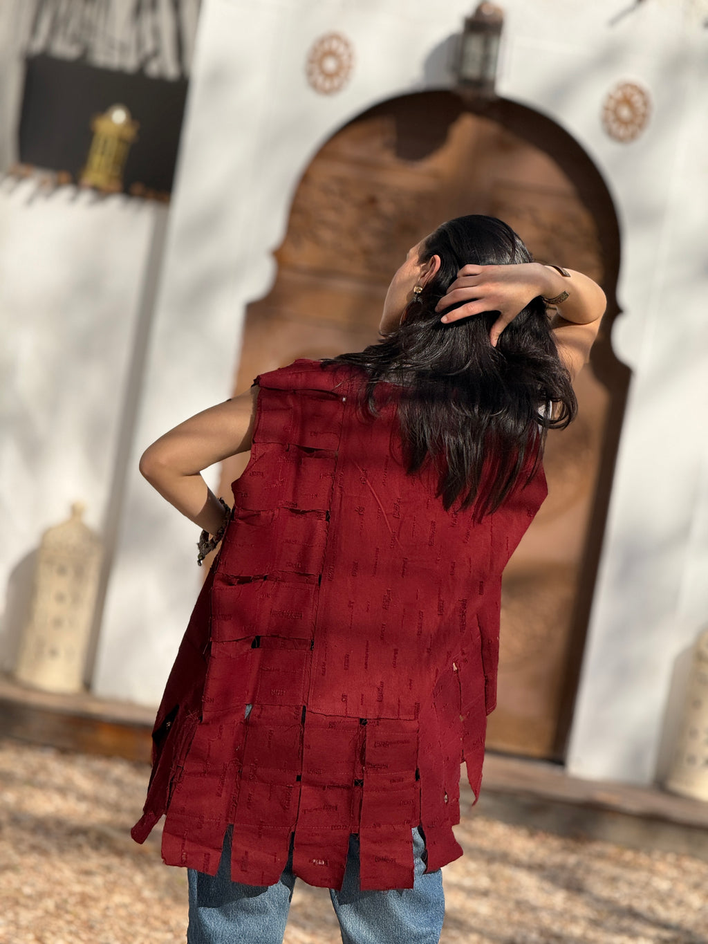 Hippie patch vest in burgundy