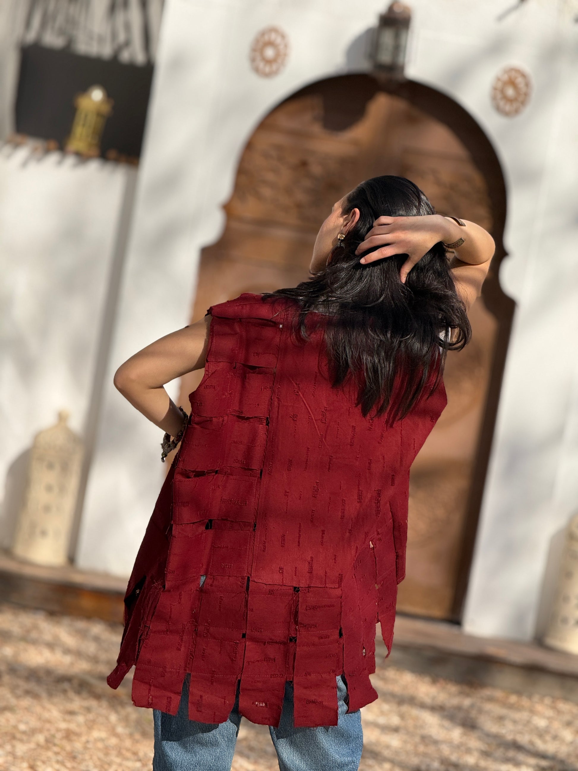 Hippie patch vest in burgundy