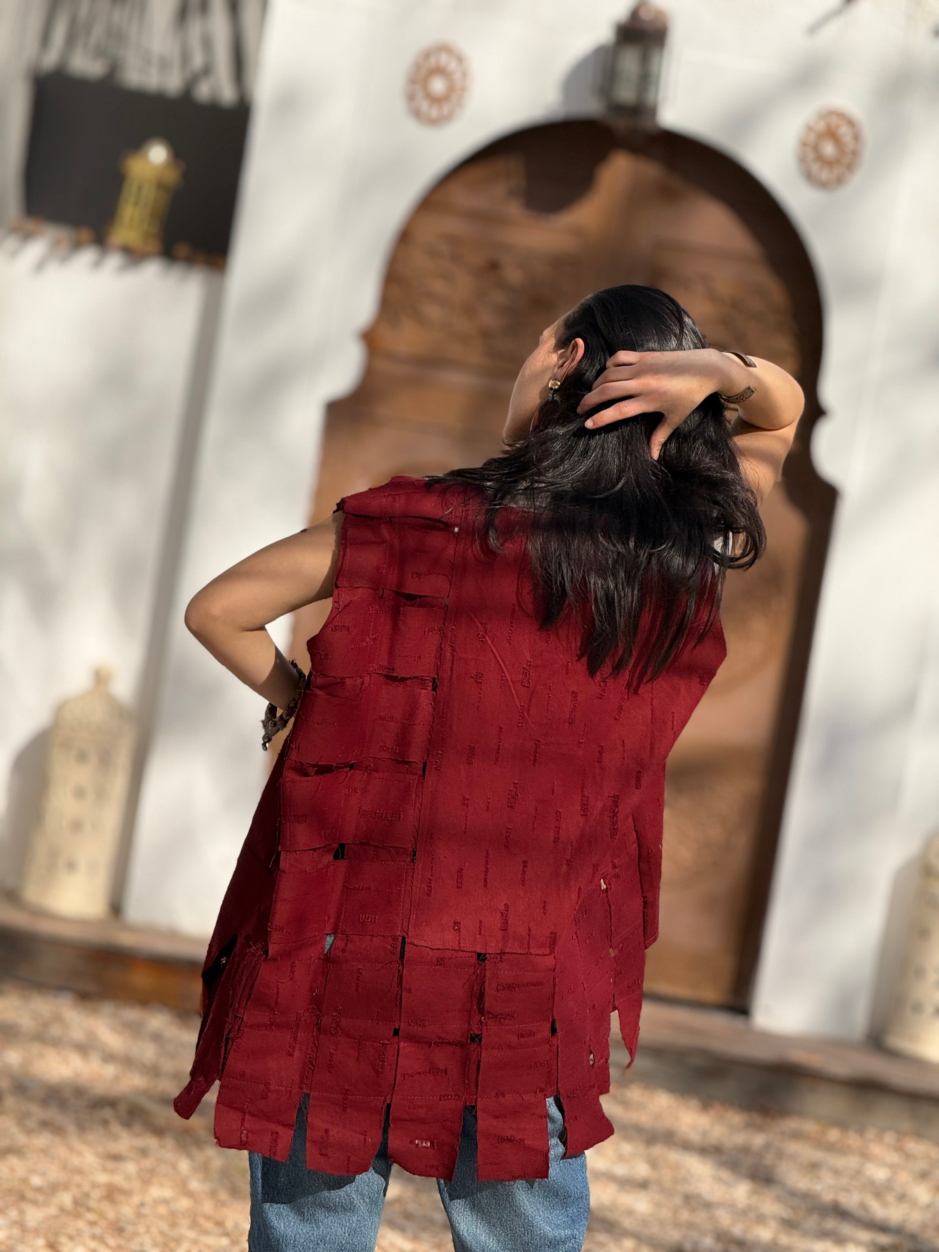 Hippie patch vest in burgundy