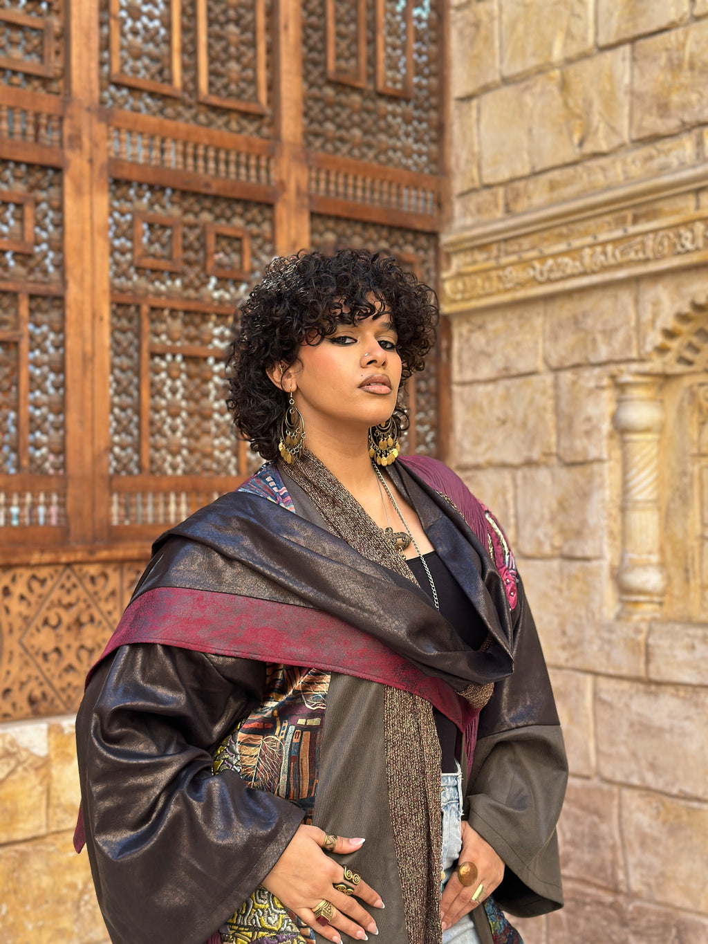 Patched shawl kaftan