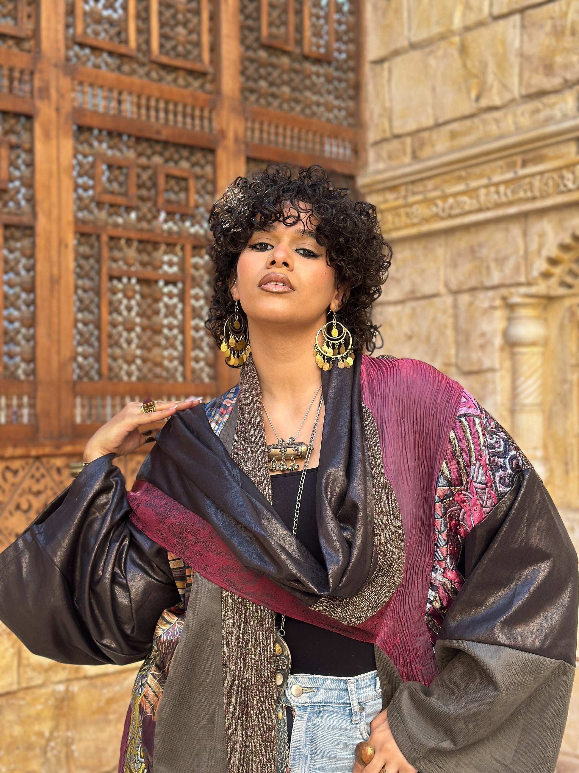 Patched shawl kaftan