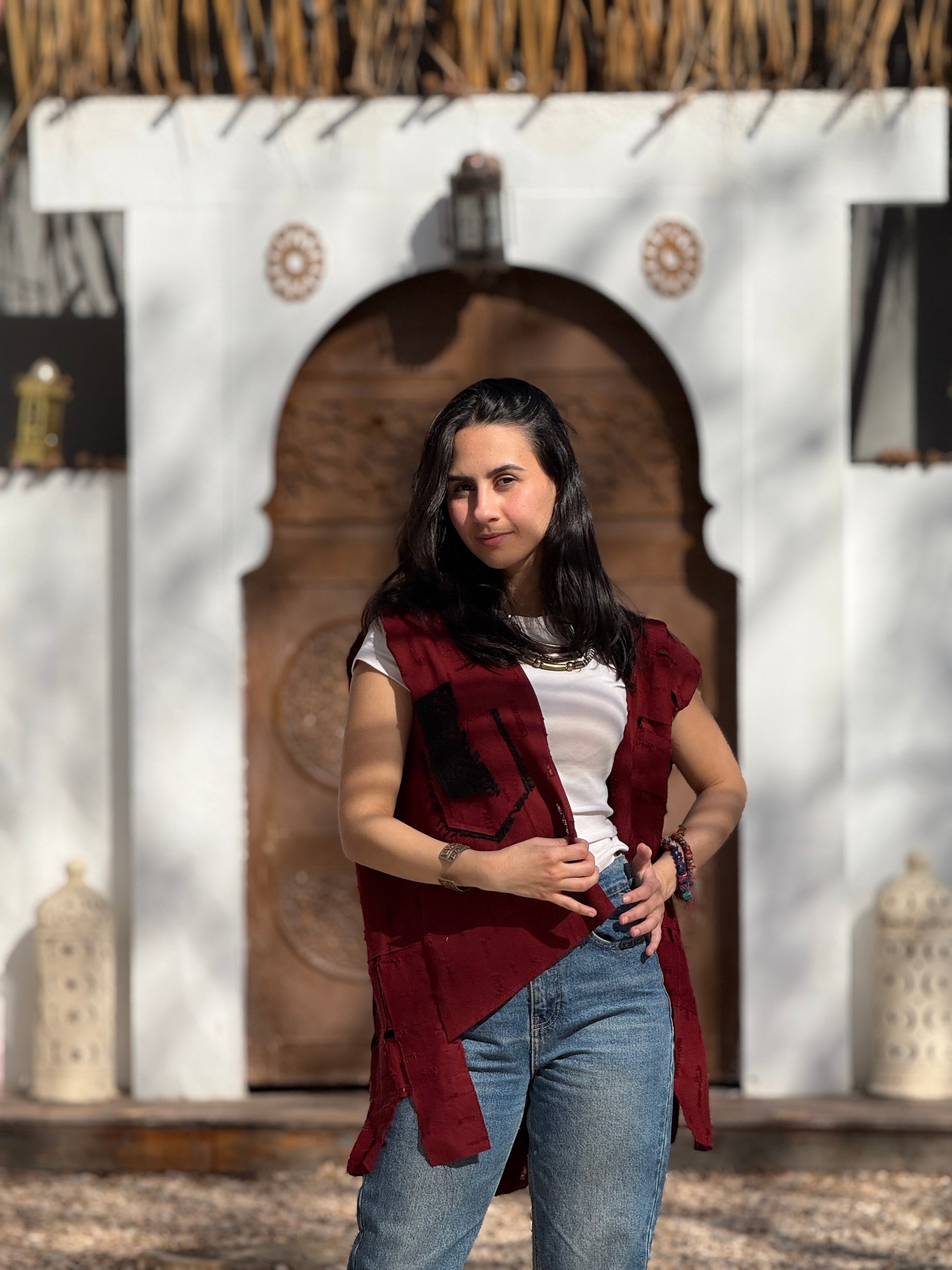 Hippie patch vest in burgundy