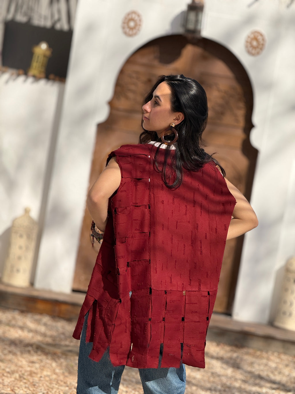 Hippie patch vest in burgundy