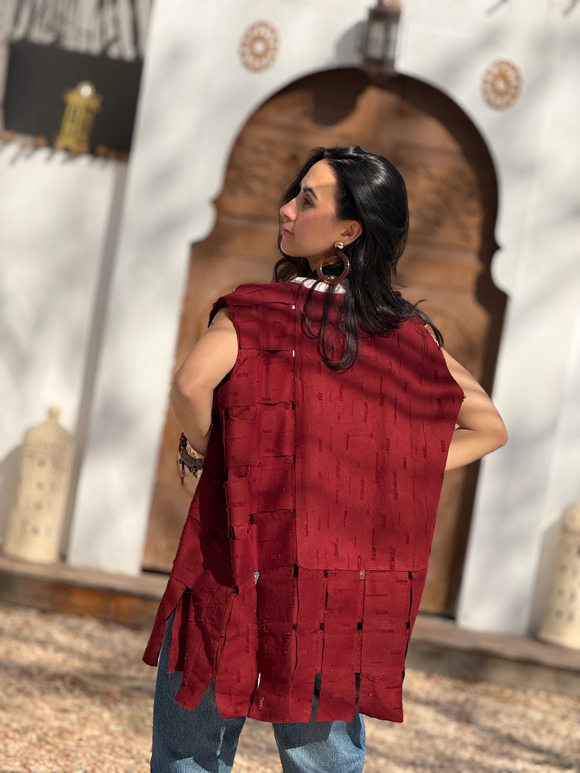 Hippie patch vest in burgundy