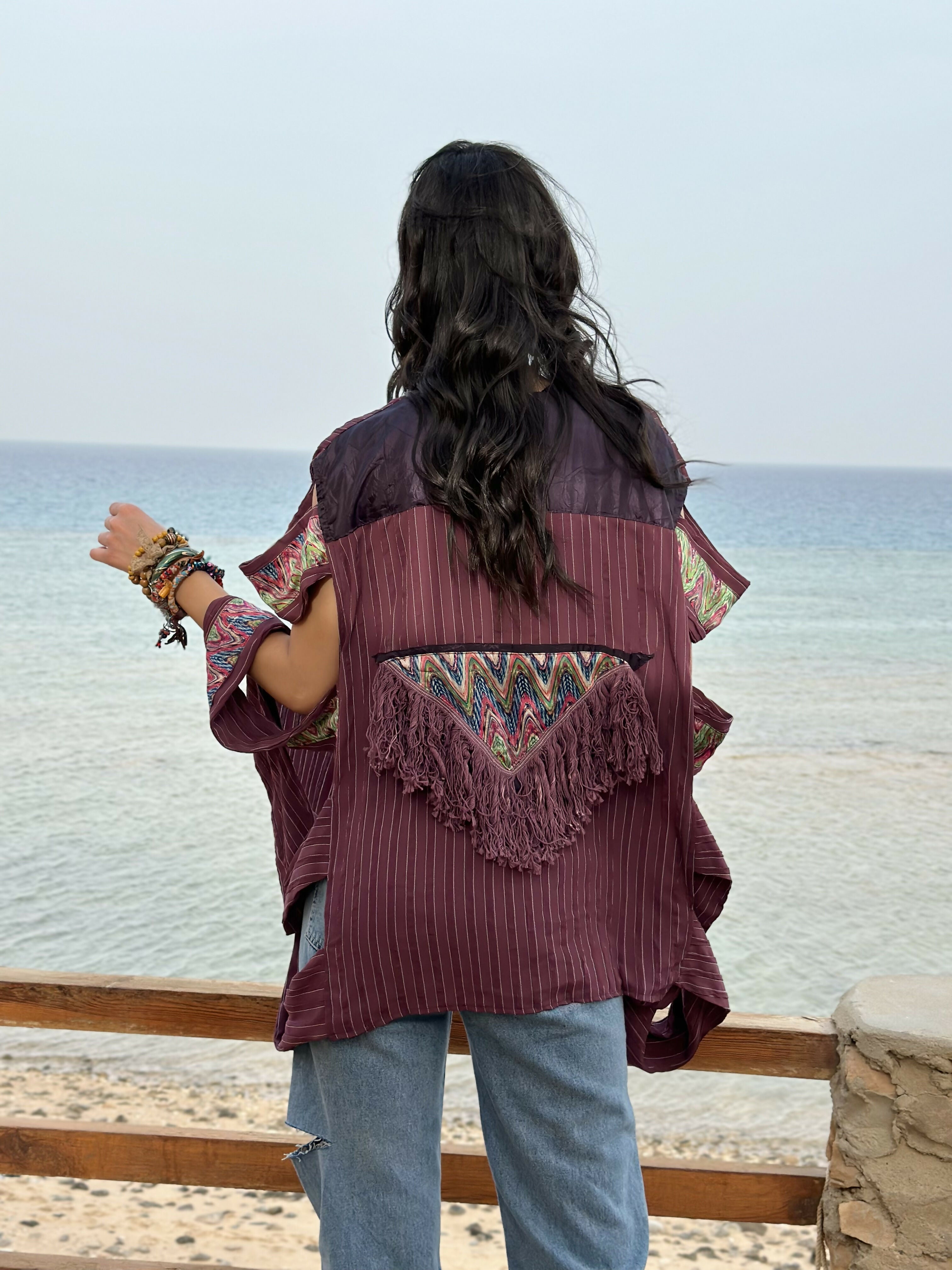 Name gypsy fringes kimono in grape