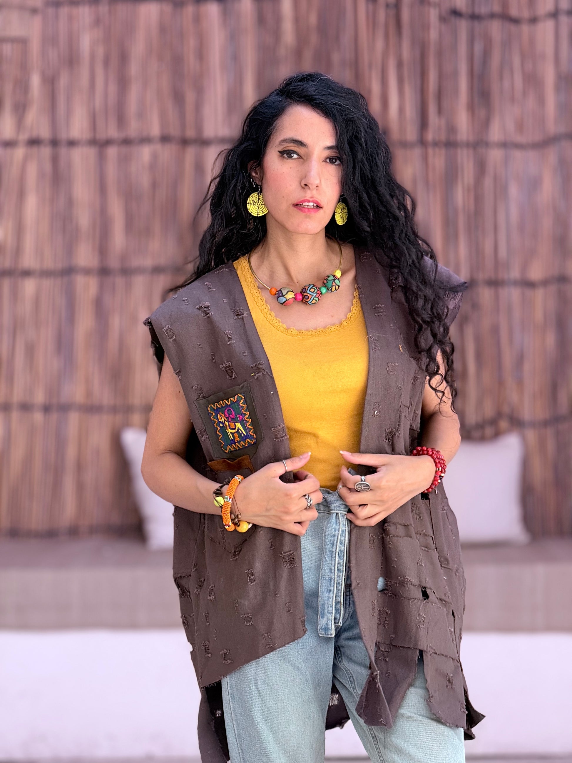 Hippie patch vest in olive