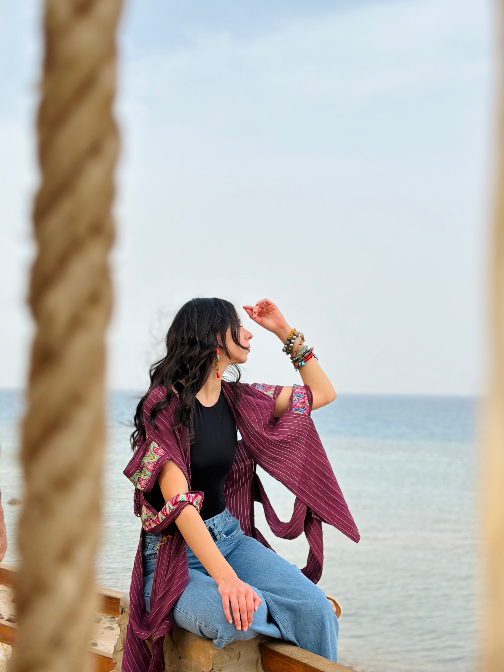 Name gypsy fringes kimono in grape