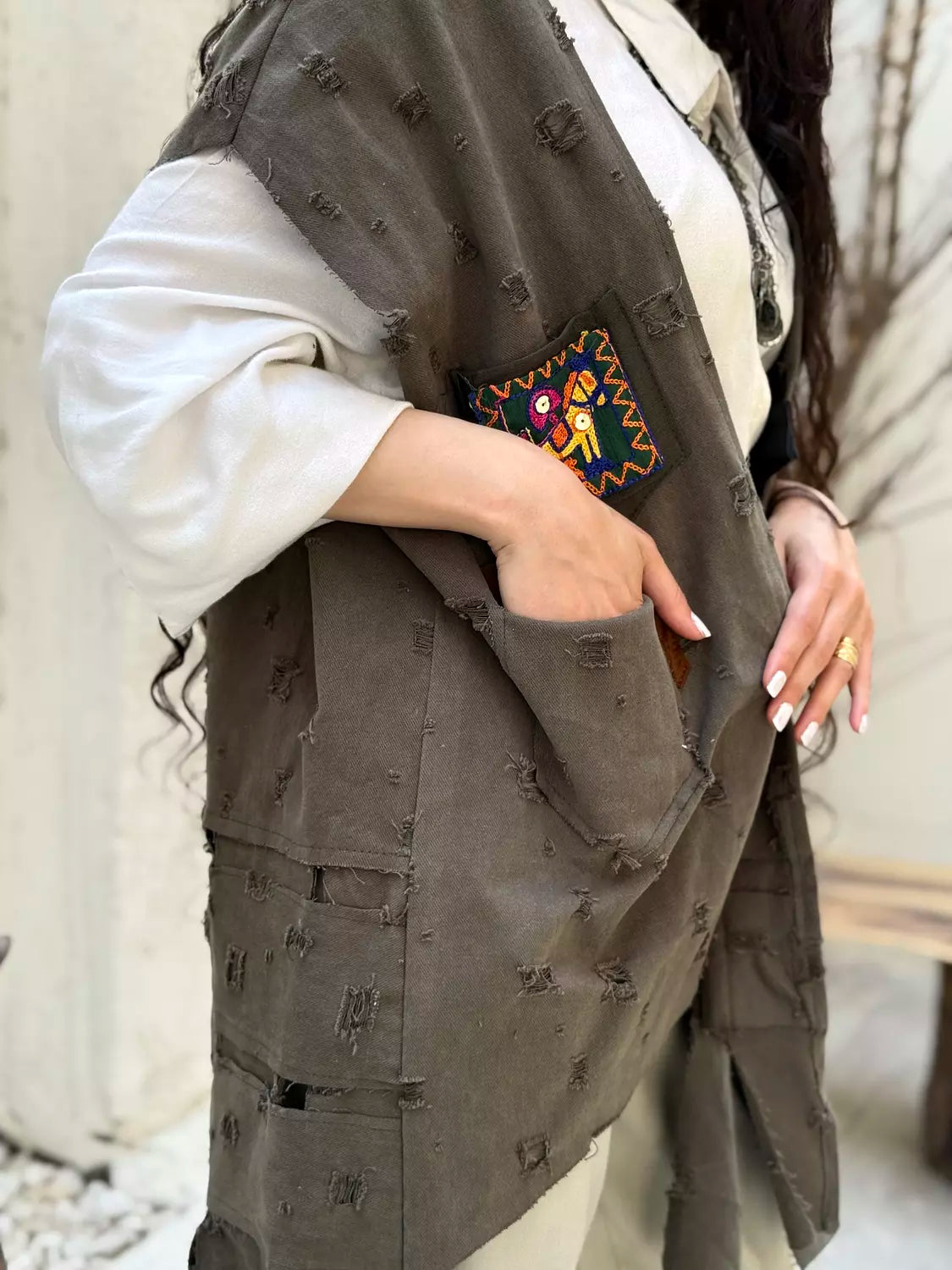 Hippie patch vest in dark green